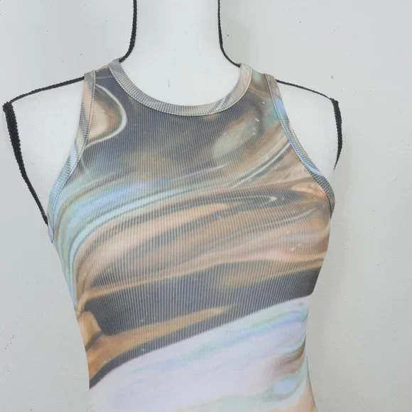 Pretty Little Thing Blue Brown Green Marble Design Size 4 Sleeveless Mini Dress - Picture 3 of 11